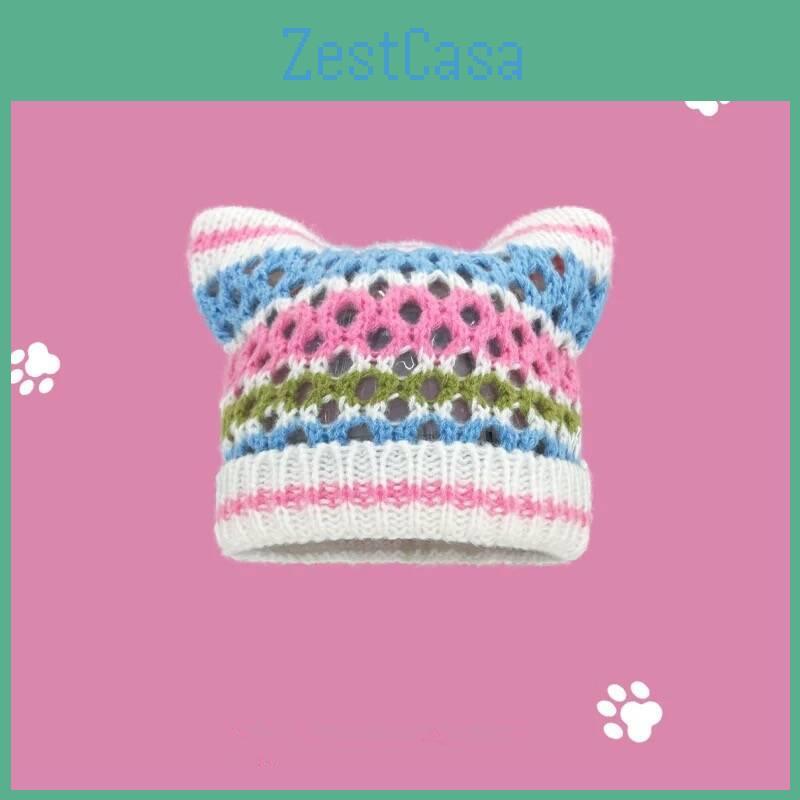Cat Ear Playful Hand Knitted Beanie Hat For Women Charming Striped Design Perfect For Autumn And Winter Fashion