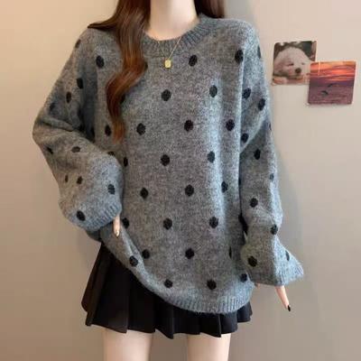 Khakifarbener Pullover mit Polka Dots für Damen, neu für Herbst und Winter, verdickt, locker, lässiger Lazy-Style-Pullover