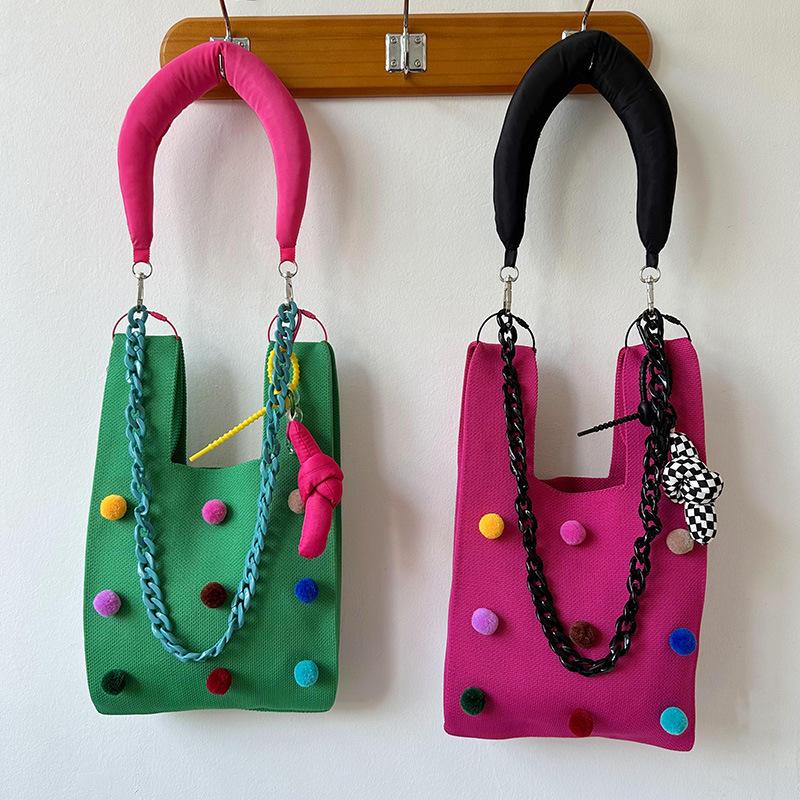 Korean Cute Colorful Pompom Knitted Handbag - Women's Versatile Large Capacity Tote & Wristlet