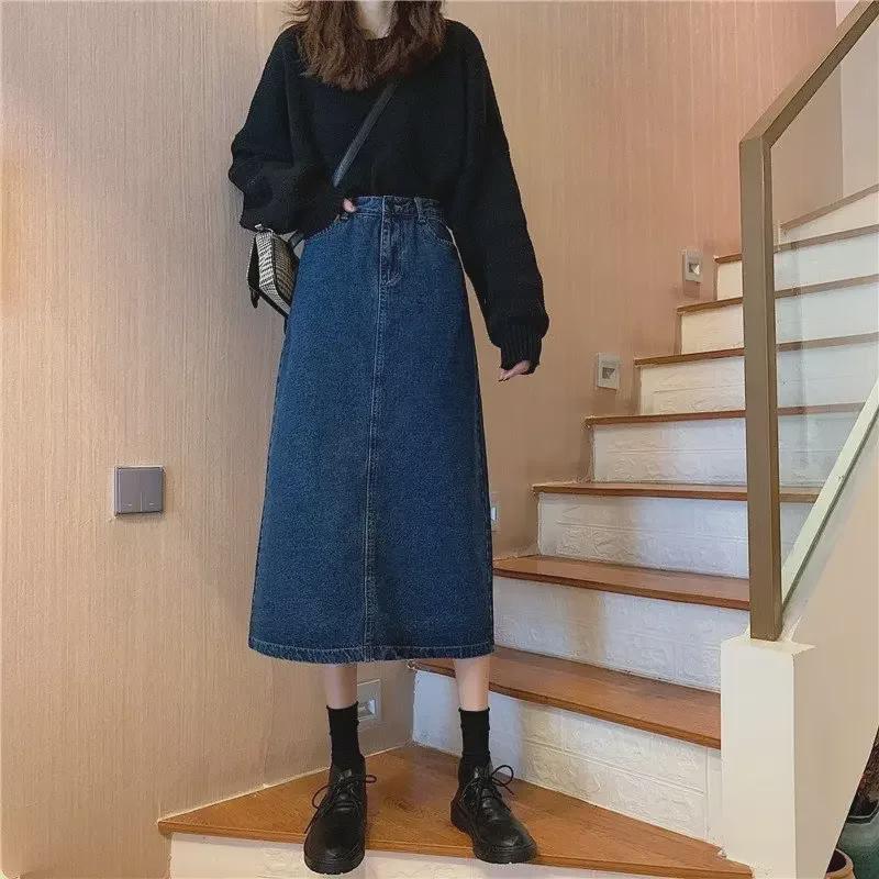 Women's Medium-Length High-Waist Denim A-Line Skirt - Large Size, Autumn Retro Korean Hong Kong Style