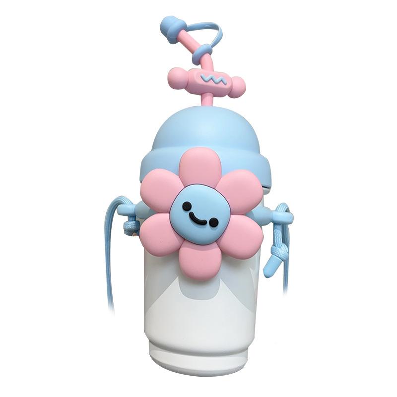 700Ml Cartoon Vacuum Flasks Straw Thermos Cup Female 316 Stainless Steel Milk Tea Cup High Value with Rope Flower Water Cup Gift