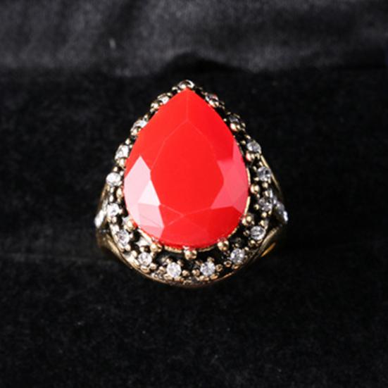 Women's Ethnic Inlaid Vintage Water Drop Shiny Rhinestone Shape Ring Jewelry