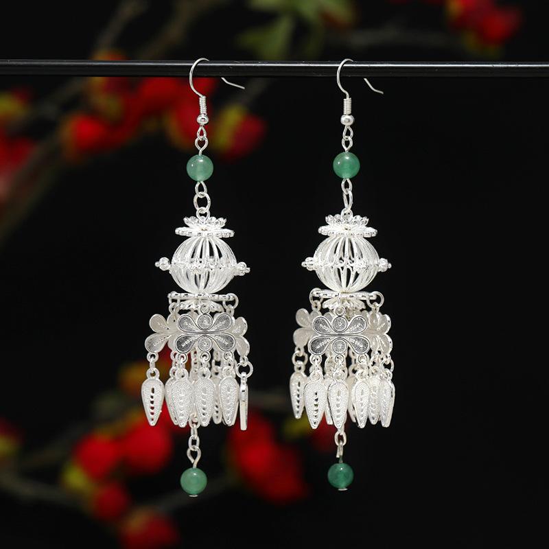 Miao Yin earrings original niche retro Dongling jade earrings long fringed earrings women