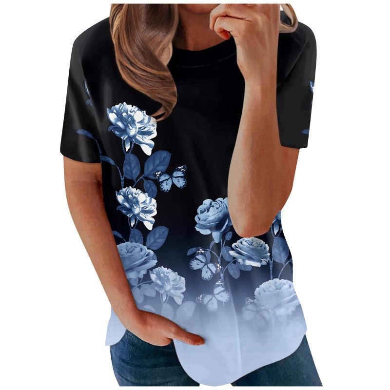Blumenmuster 3D-Druck T-Shirts Damen Sommer Rundhals Kurzarm T-Shirt Y2k Harajuku Tees Streetwear Oberteil Damenbekleidung