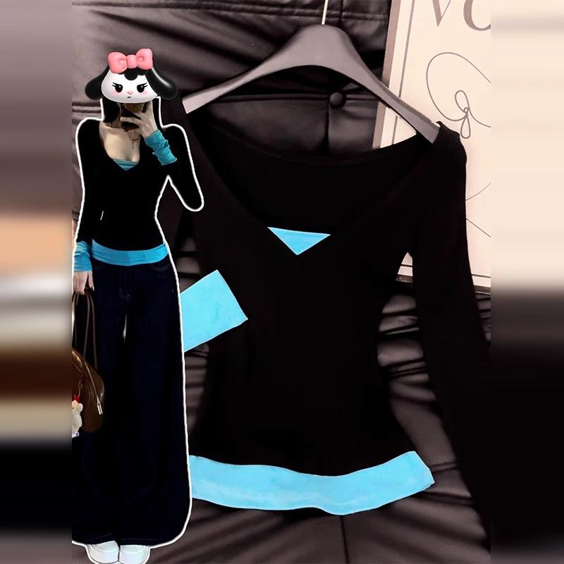 

Женская приталенная футболка с длинным рукавом, комбинированная - Высококлассный корейский стиль, Коллекция 2025 S