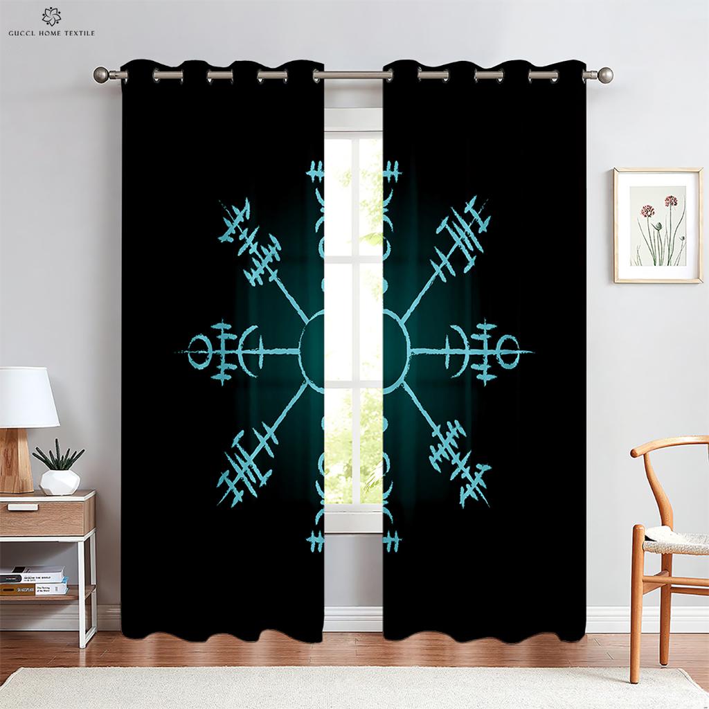 Zasłony z nadrukiem konstelacji geometrycznej runy tarczy, czarne zasłony, salon, na zewnątrz, sypialnia, kuchnia, okno, 2 szt.