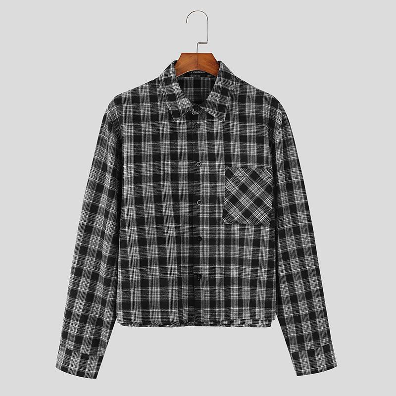 

INCERUN Spring Men Lapel Collar Long Sleeve Buttons Plaid Check Shirts Tops чёрный
