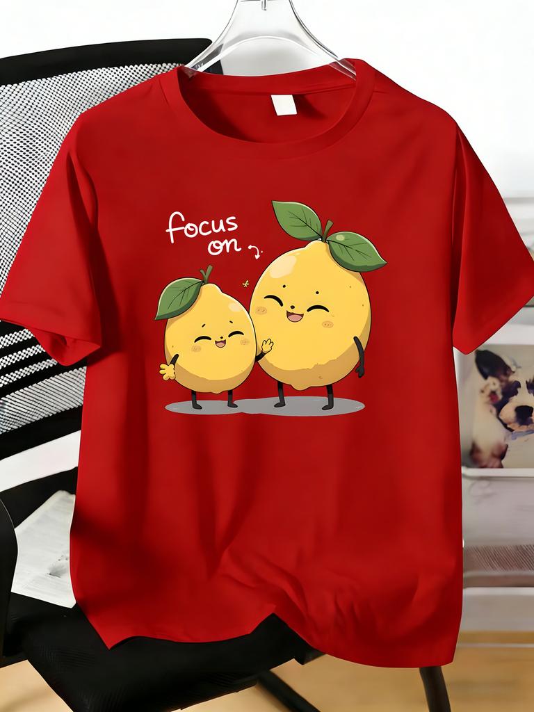 Kawaii Twin Happy Lemon Cartoon Graphic Unisexs Short Sleeve Tee Soft Cotton Crew Neck Casual Summer Daily Wear Top For Adult Male