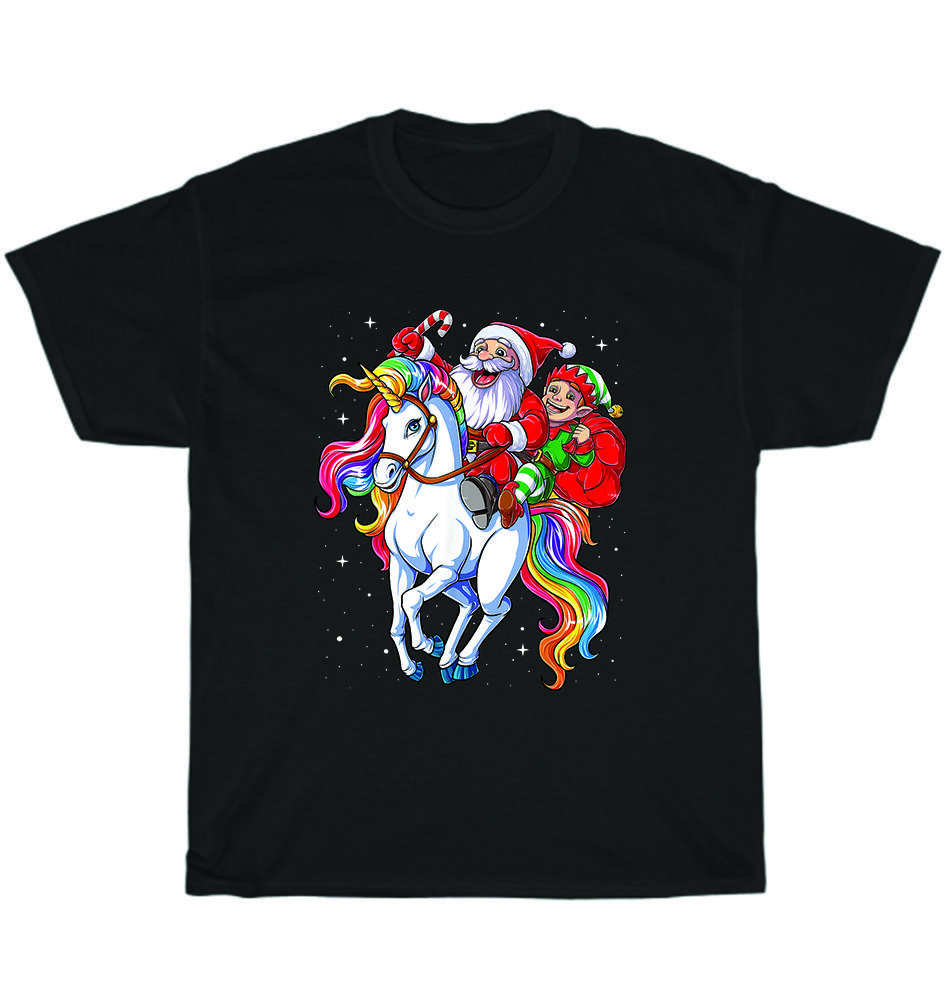 

Christmas Santa Elf Riding Unicorn Xmas Rainbow T-Shirt Unisex Funny Tee Gift S