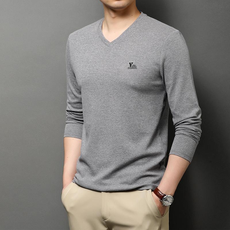 Spring New Cotton Sweetheart V-neck Long-sleeved T-shirt Men's Fashion Korean Style Casual Loose Men's Bottoming Shirt