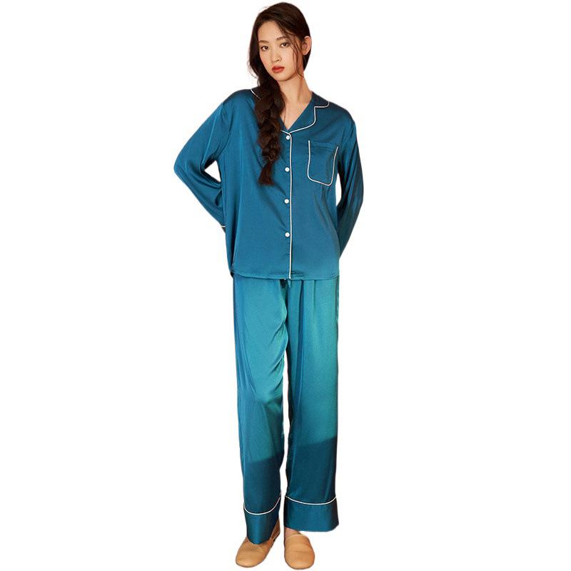 Yaoting simple casual satin chiffon pajamas long sleeves trousers loungewear set retro women pajama1011