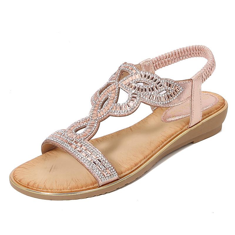 New Bohemian Ethnic Style Rhinestone Sandals Flat Open-Toe Versatile Beach Shoes Plus Size