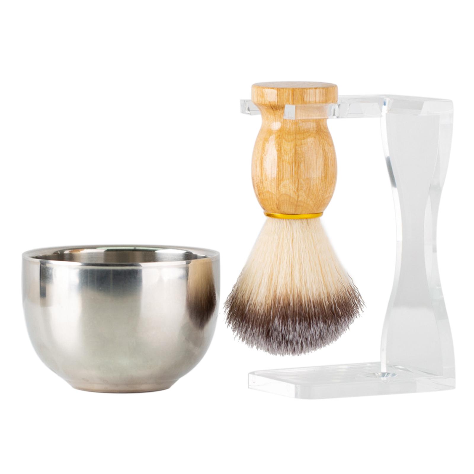

3 In 1 Shaving Brush Set with Acrylic Stand Stainless Steel Bowl Beard Grooming Kit for Men B