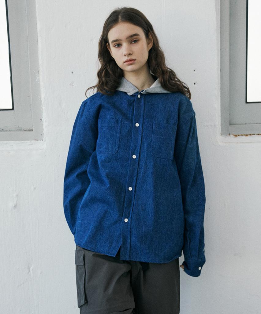 Lelales Hooded Denim Shirt Jacket - Dark Blue