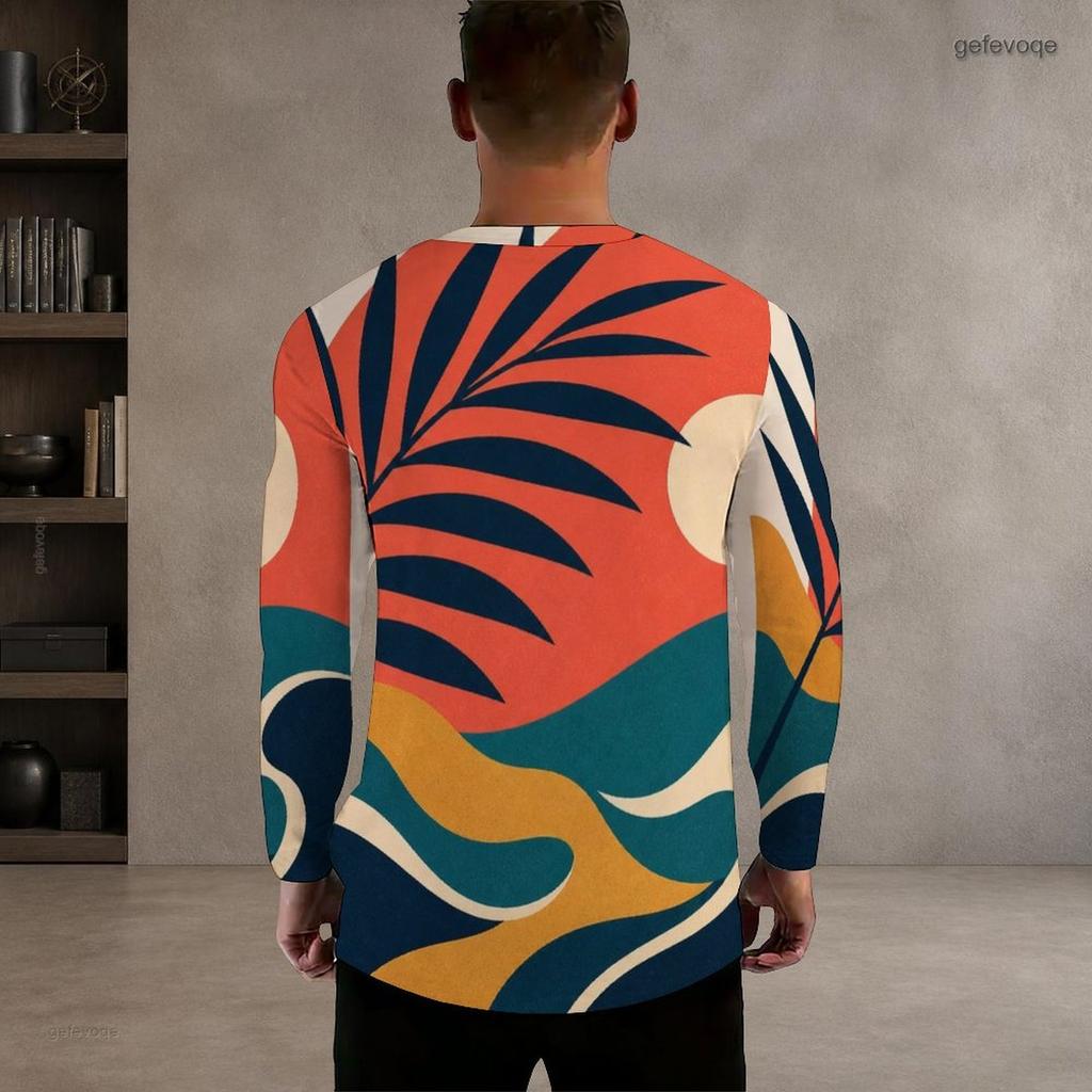 Men s Plus Size Round Neck Long Sleeve T Shirt Sunset Palm Wave Printed Casual Pullover