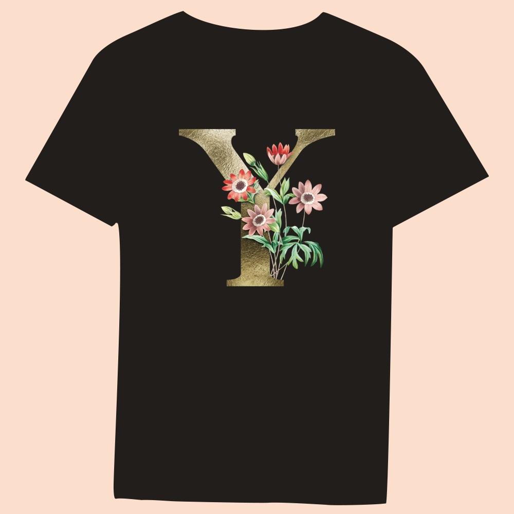 Gold Flower Letter 3D Printing Series Women's Black T-shirt Casual Large Top