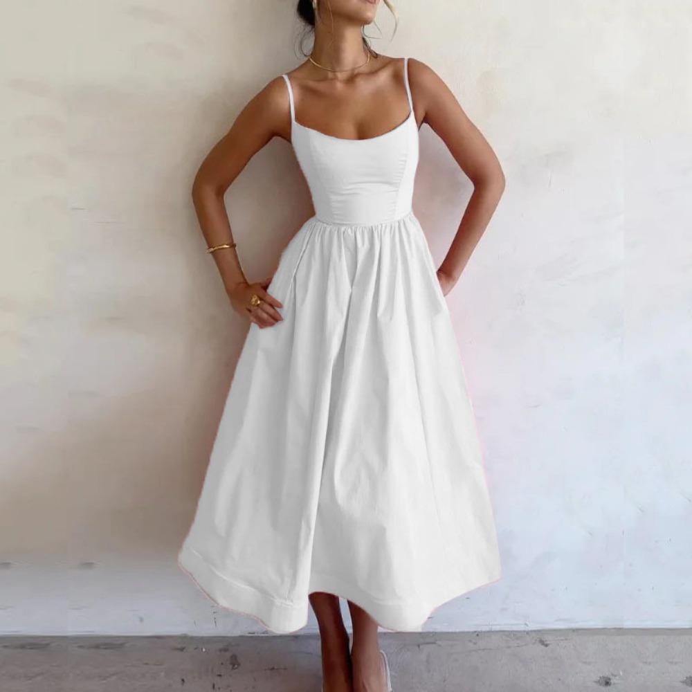 Women's U Neck Sleeveless Maxi Dress A-Line High Waist Solid Elegant Spaghetti Strap Sundress