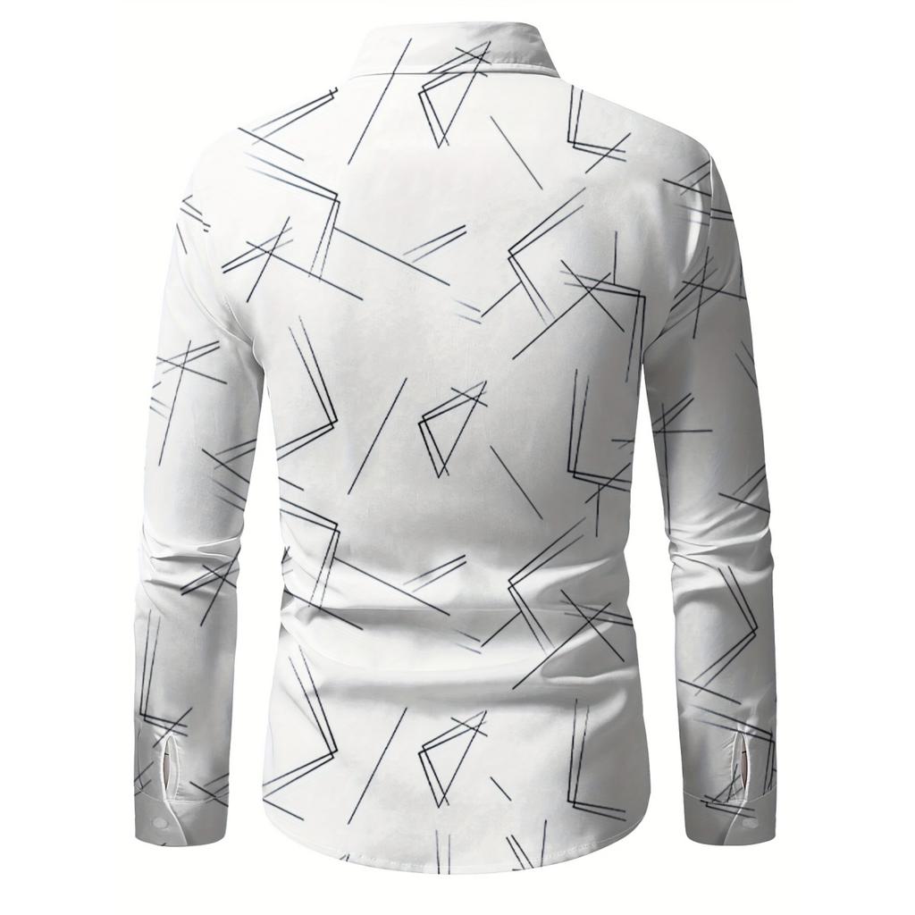 Men's Trendy Geometric 3D Line Print Long-Sleeved Shirt Men's Button up Shirt Casual Fashion Male White Shirt Lapel Shirt Tops