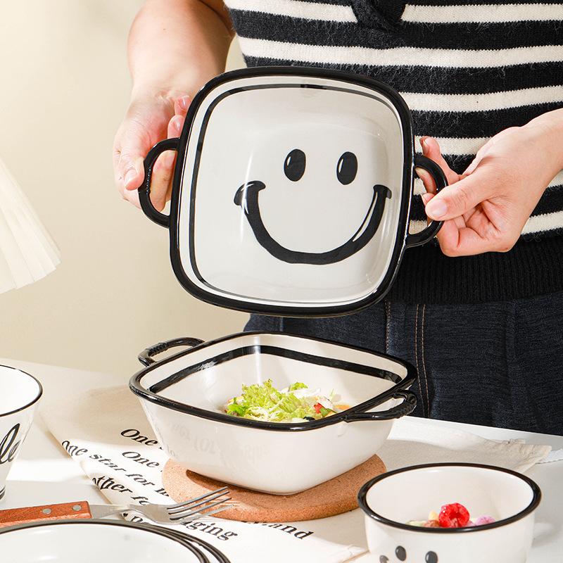 Creative And Cute Smiley Tableware Household Ceramic Tableware Housewarming Gifts Rice Bowl Baking Bowl Vegetable Plate Spoon Combination