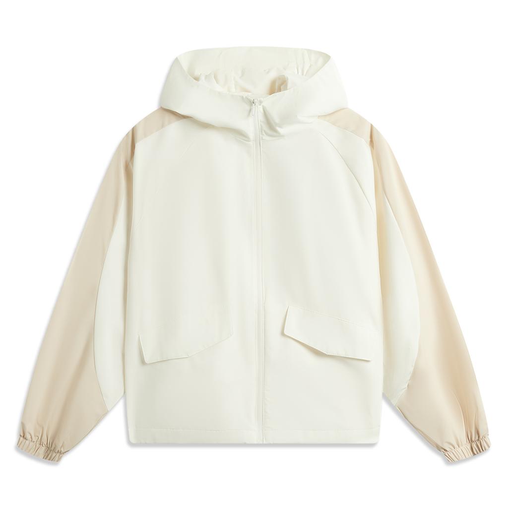 Li-Ning Comfortable Minimalist Color-Block Zipper Casual Hooded Windbreaker Women Outerwear Off-White AFDV972-1
