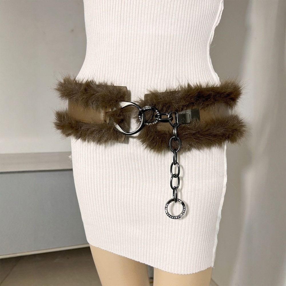 With Chain Punk Fur Belt Super Soft Waistband Jeans Pants Decor Plush Waist Chain