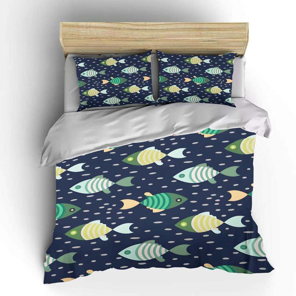Set Biancheria da Letto con Fantasia di Pesci Colorati 3 Pezzi 1 Copripiumino 2 Federe per Adulti e Bambini Regalo di Lusso Misura Matrimoniale