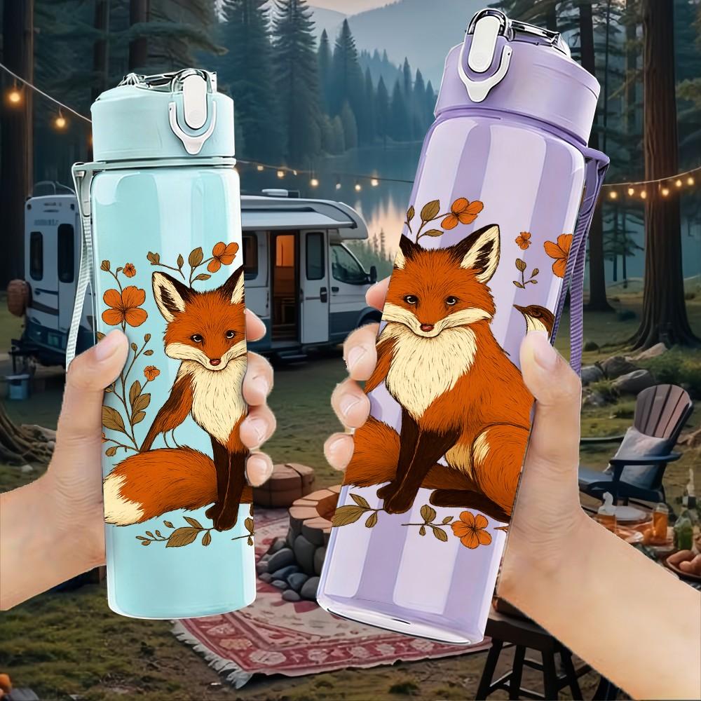 1PC Autumn Floral Fox Illustration 750ml Color Plastic Sports Water Bottle Leakproof Flip Straw Lid Suitable for Sports Office Home Use