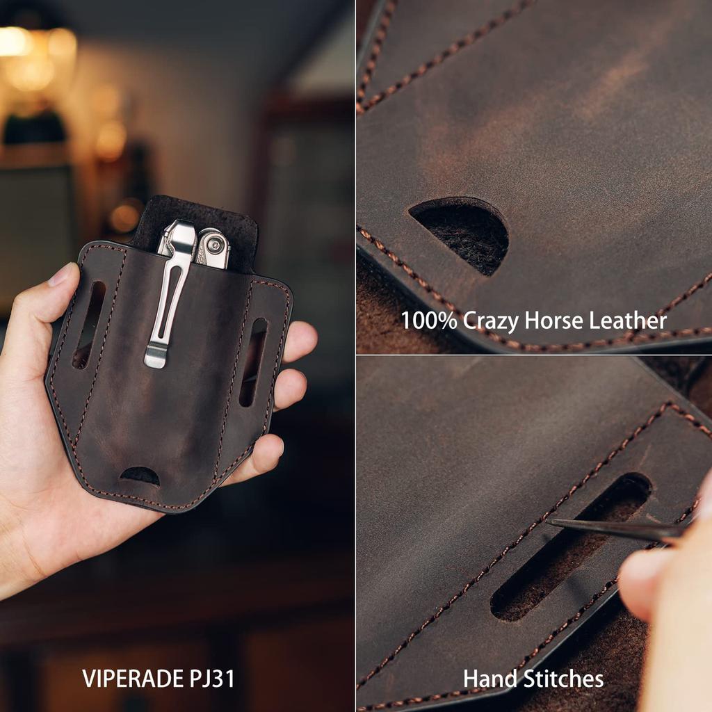 VIPERADE PJ31 Belt Flashlight EDC Pocket Pouch Leather Belt Sheath EDC Holster Multi-Tool Sheath, Holster, Men's Sheath, (Brown)