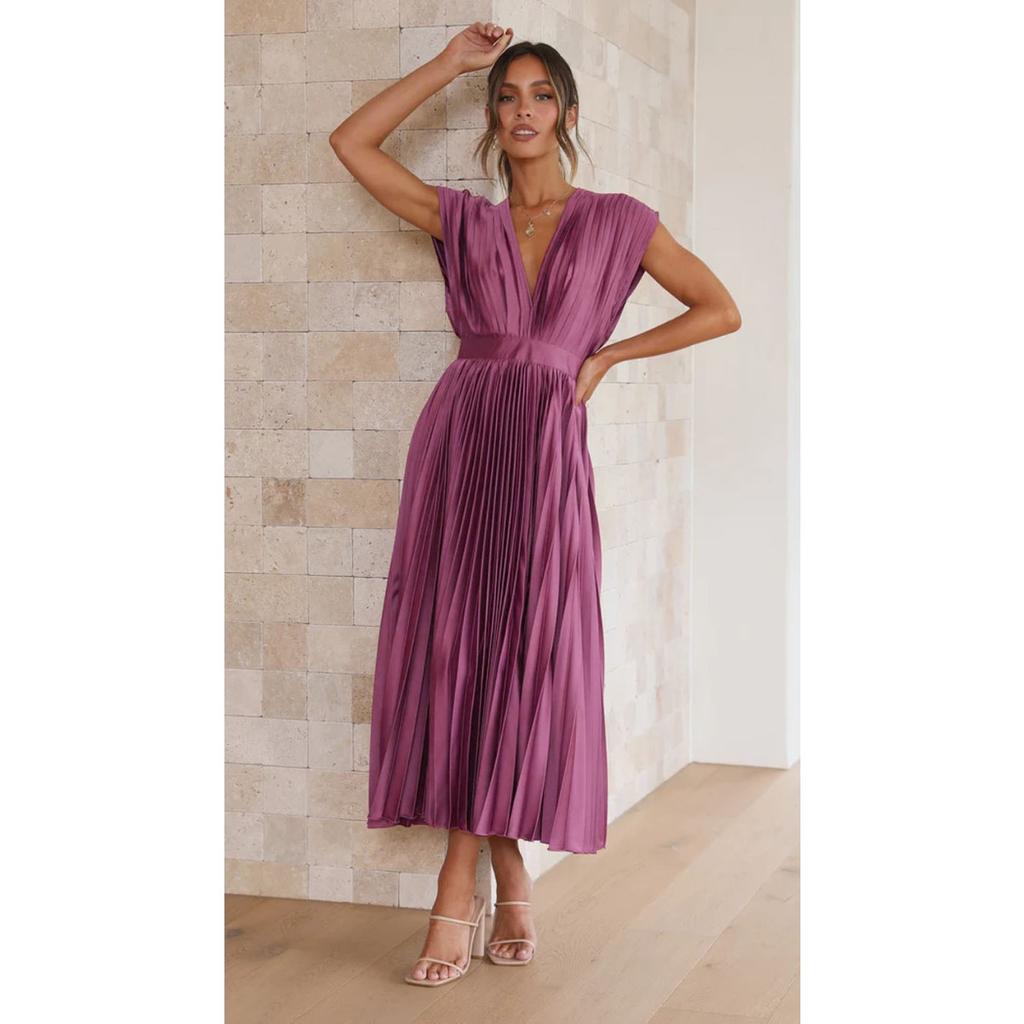 Women's V Neck Sleeveless Midi Dress Loose Mid Waist Pleated Satin Wedding Guest Sundress