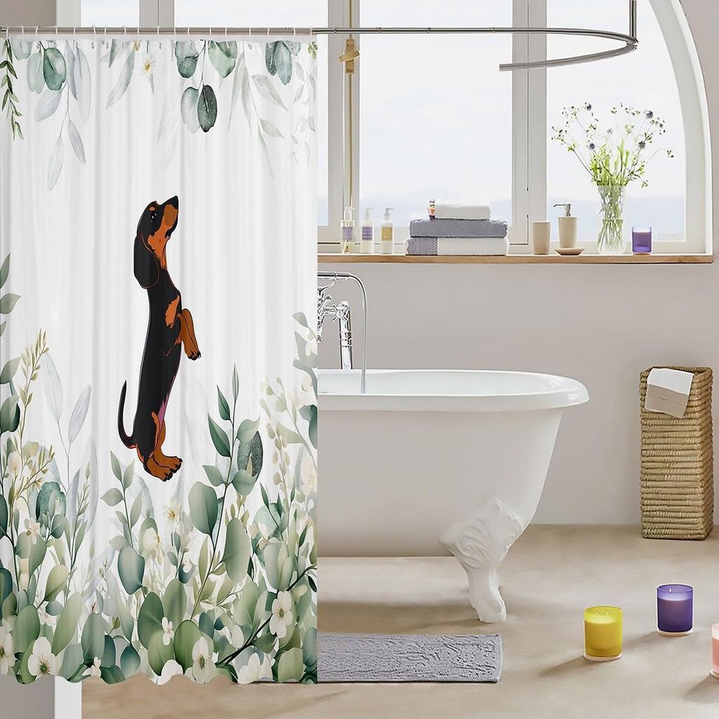 Erosebridal Cute Dachshund Waterproof Bathroom Curtain for Kids Child Green Eucalyptus Bath Curtain, Pet Animal Shower Curtain