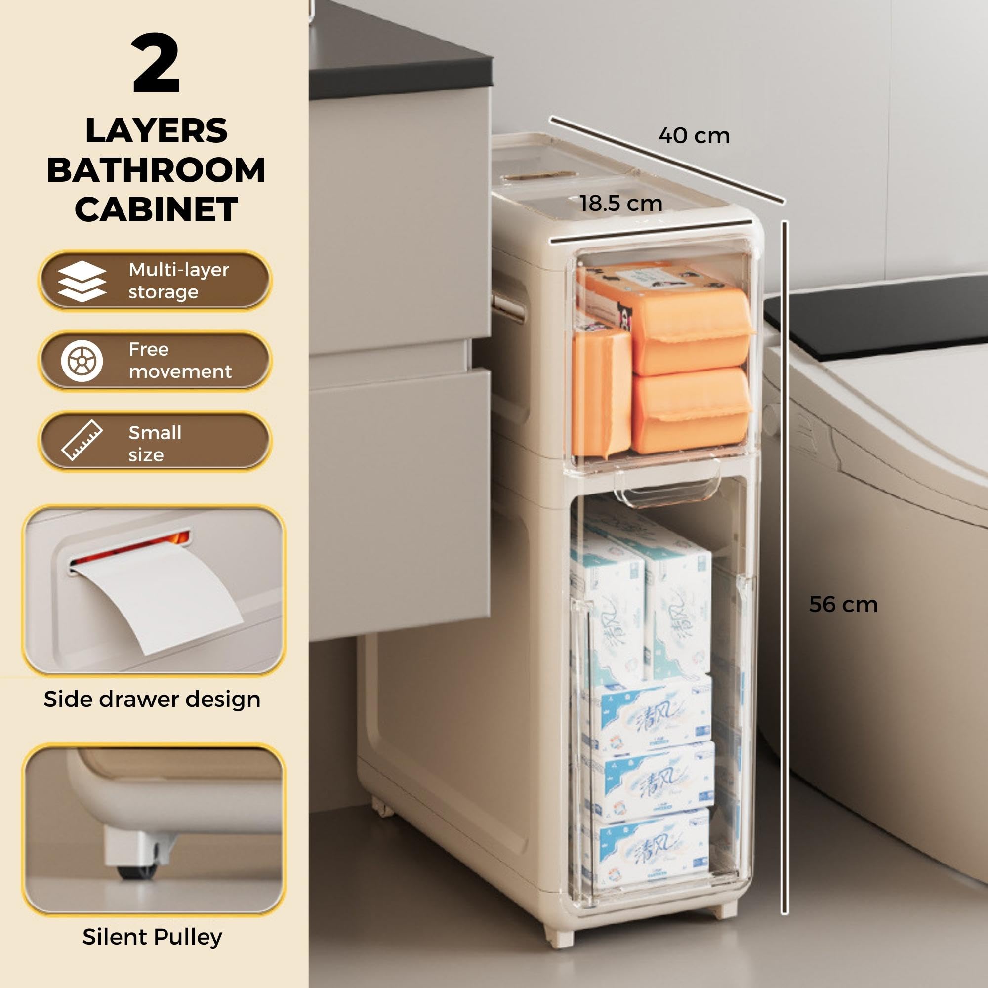 

Шкаф для хранения, узкий органайзер для ванной комнаты. Вспомогательные хранилища на роликах для узких помещений. Компактный шкаф с 4 ящиками для туалетной бумаги 2 layers белый