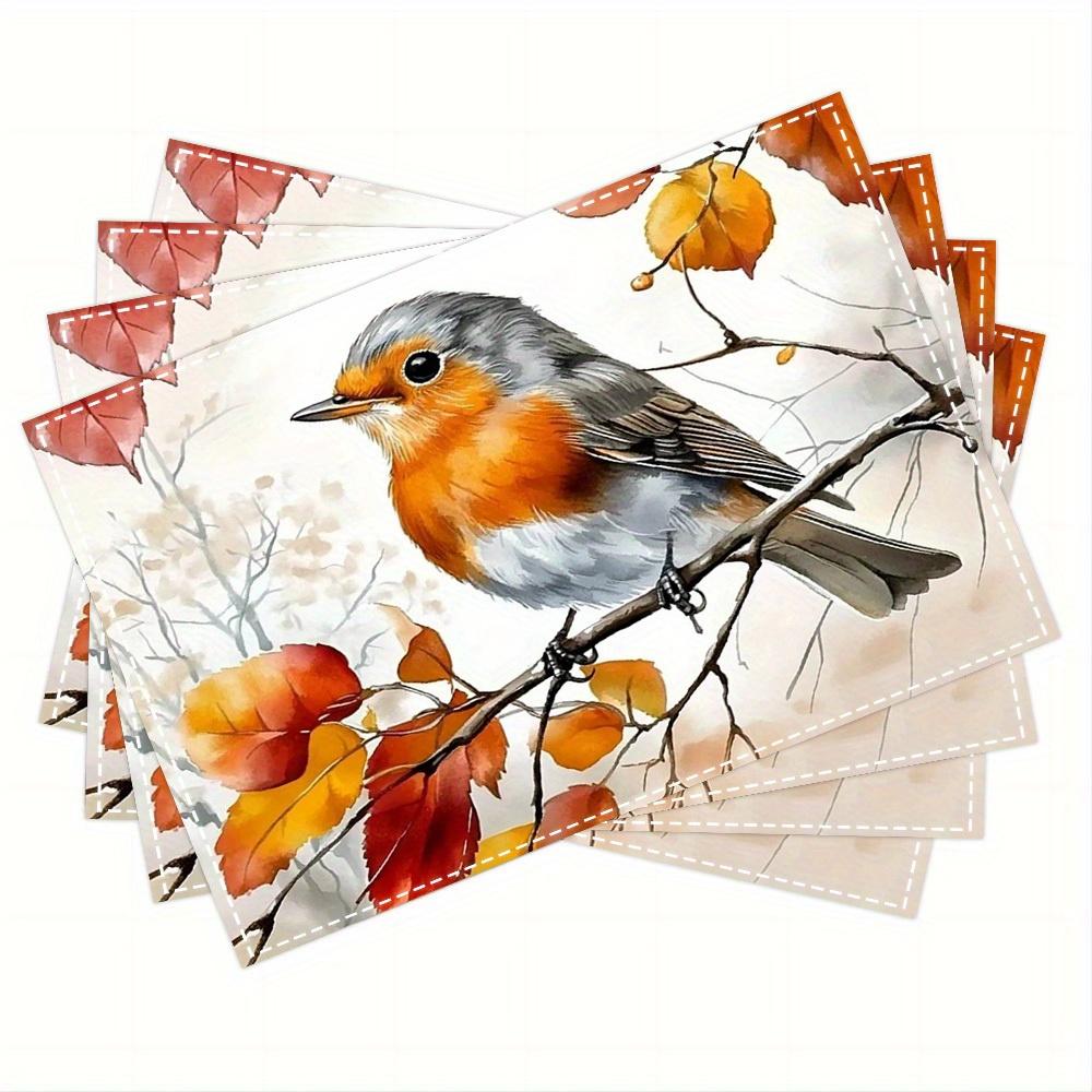 4pcs Autumn Robin Placemats  Cute Bird on Fall Leaves, Polyester Fabric, Heat-Resistant & Machine Washable, Ideal for Dining 30x45cm-4PC