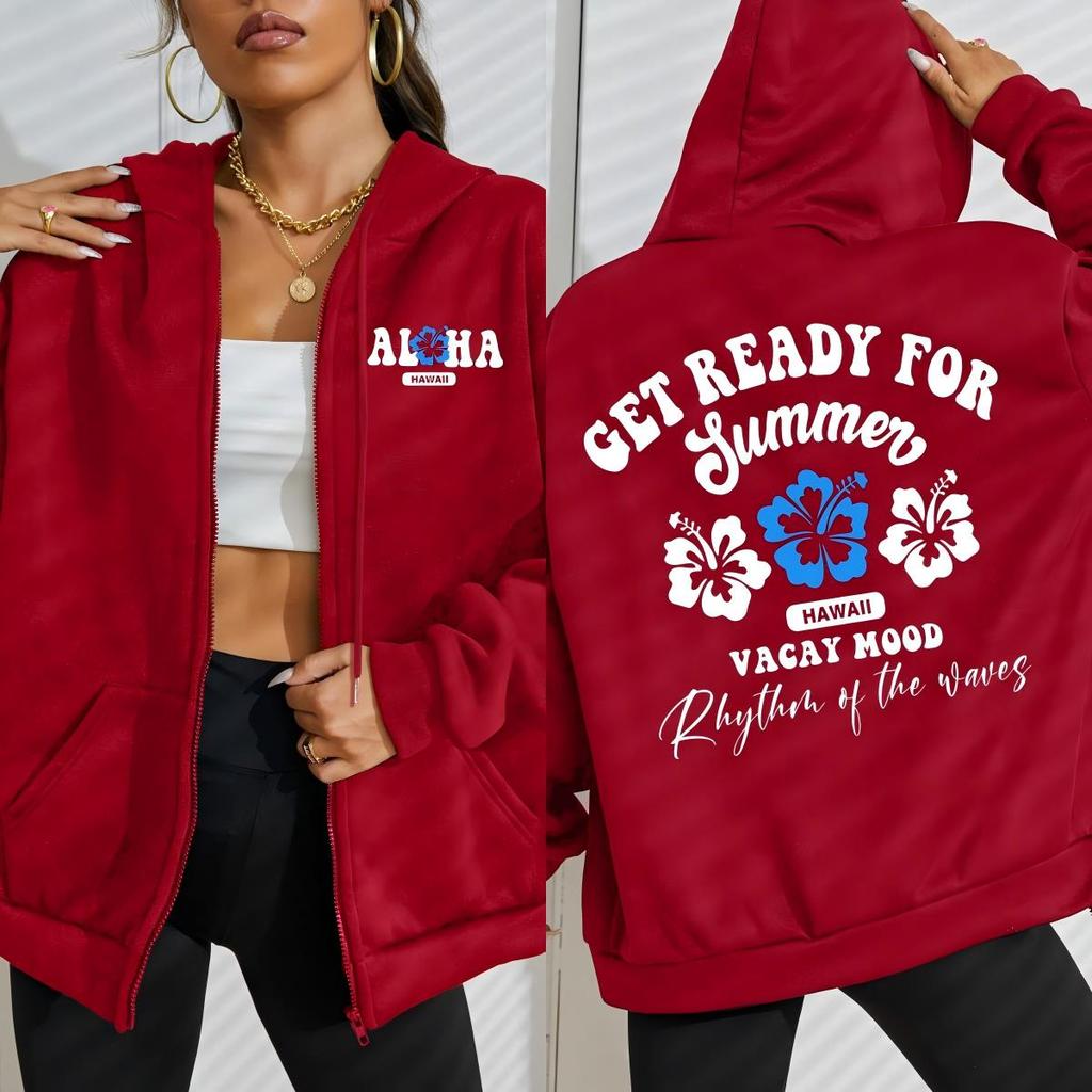 Get Ready For Summer Hawaii Vacay Mood Print Women Zipper Sportswear Street Hoody Loose Casual Hoodies Fleece Soft Clothes