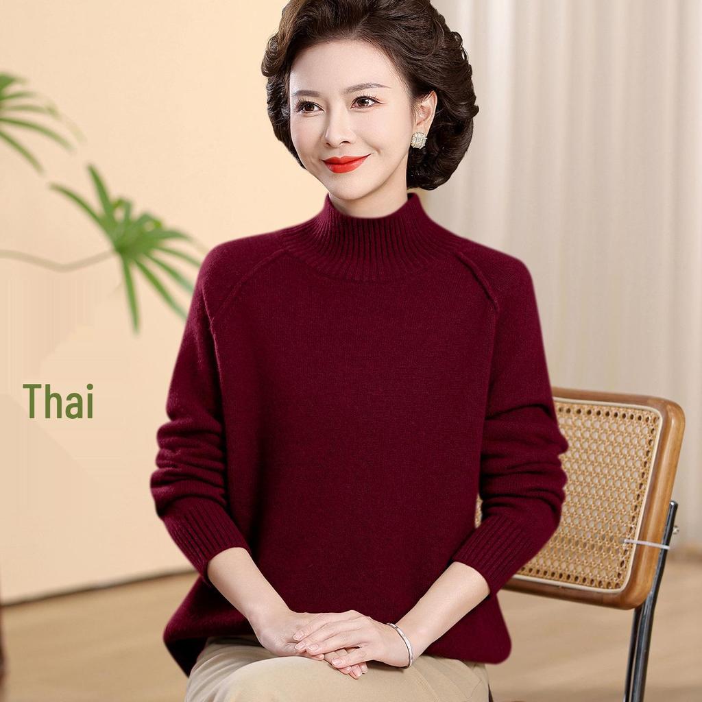 Women's 100% Pure Wool Winter Turtleneck Sweater - Plus Size, Solid Color, for Middle-Aged & Elderly