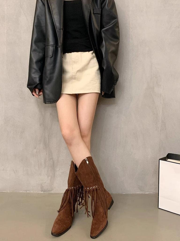 Elegant With Low Heels Pointed Toe Tassel Half High Boots For Women Spring Autumn Mid Calf Shoes Woman Large Size Chic Boot