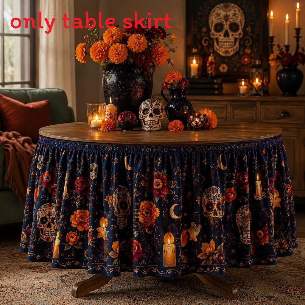 Dia De Los Muertos Table Skirt Mexican Skull Pattern Polyester Party Decor For Events