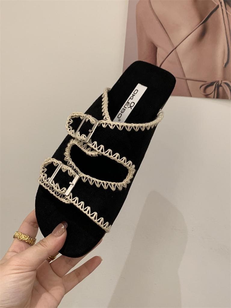 Thick-soled lace Birkenstock sandals women's 2025 new summer wear non-slip square head belt buckle one-word beach shoes