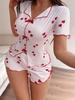 Women's Heart Print Cotton-Look Pajama Set - Lapel, Short Sleeve, Bowknot Shorts Homewear