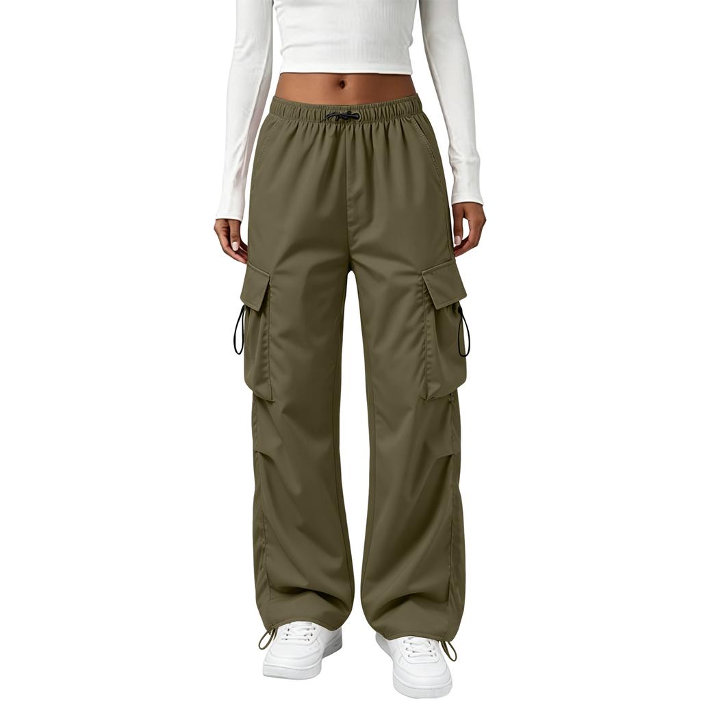 Women’s Retro Straight Leg Cargo Pants with Drawstring Cuffs Loose Fit Elastic Waistband Utility Trousers for Daily Wear