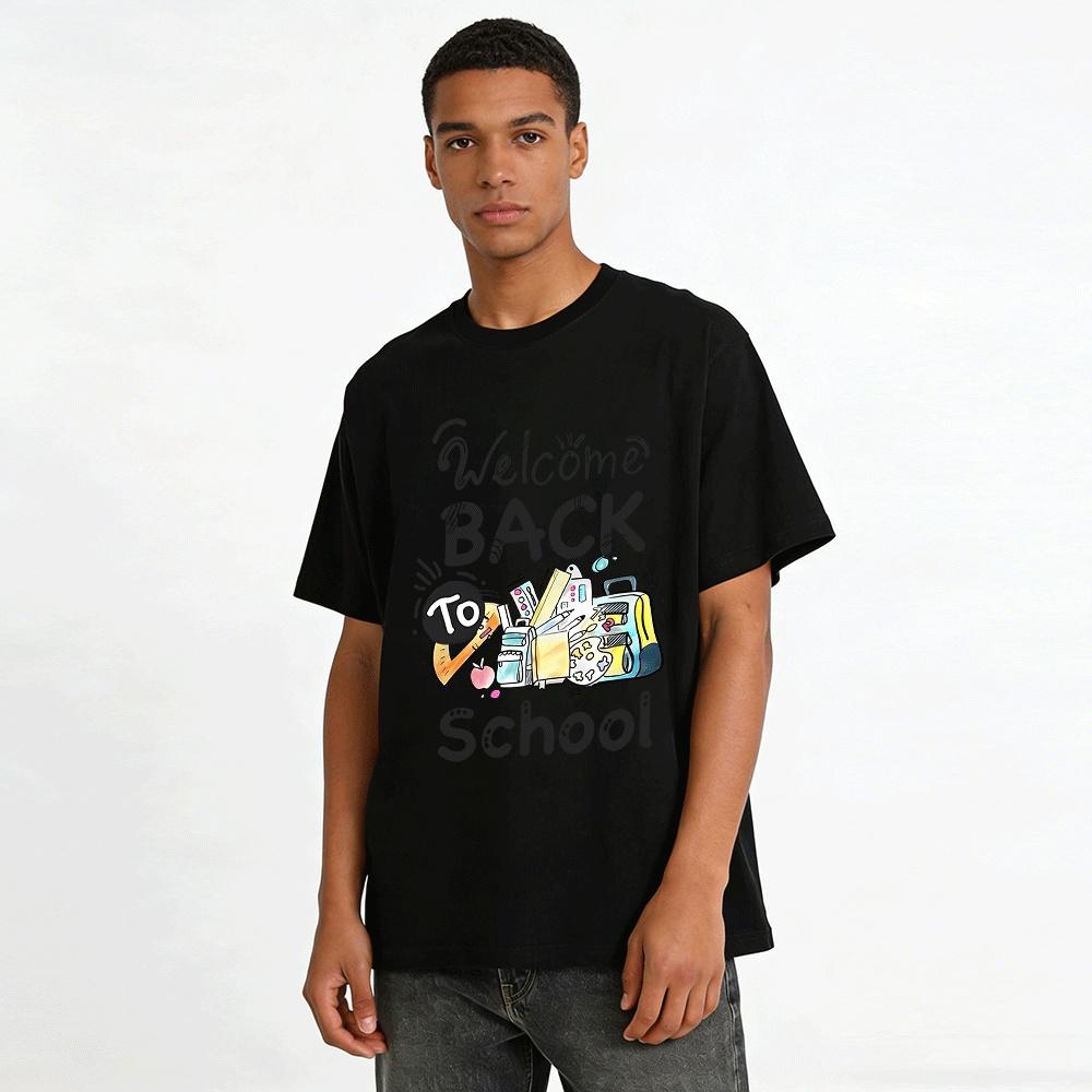 Welcome Back To School Stationery Print Casual Crewneck Top Pure cotton T-shirt