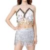 Women Two Piece Belly Dance Costume Sequins Halterneck Top Sequins Fringe Hip Scarf Wrap Skirt Belly Dancing Outfit
