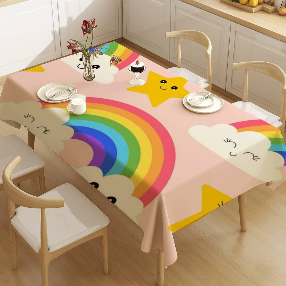 Cloud Rainbow Cartoon Waterproof Rectangle Tablecloth Fiesta Home Decor Dining Room Decor Reusable Table Cover Party Supplies