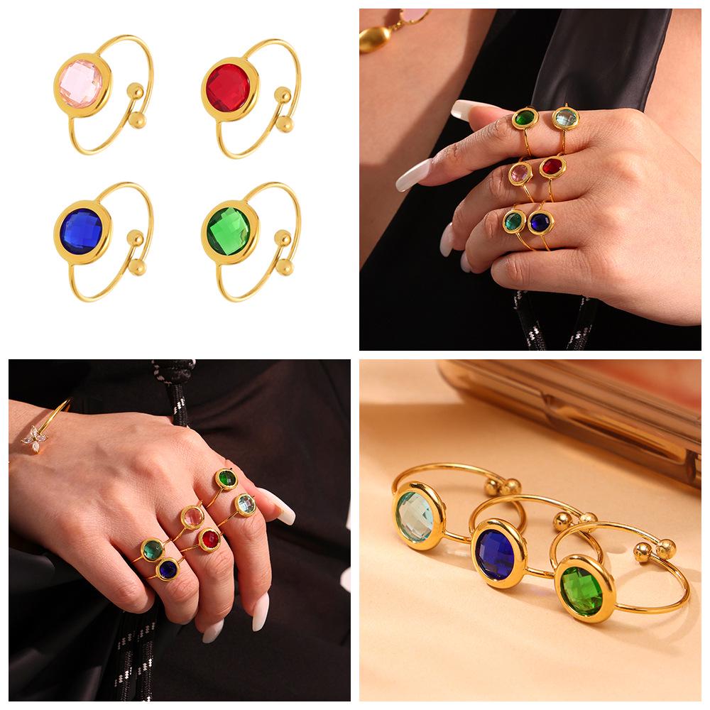 Qiong Yao Round Czech Glass Stone Sparkling Stainless Steel Open Tail Ring