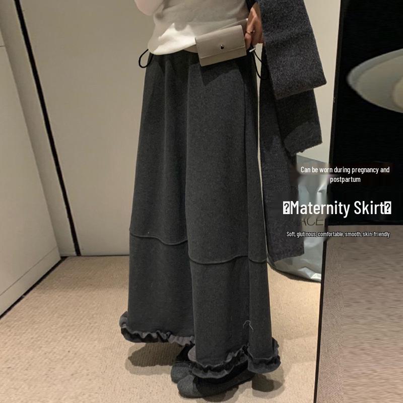 Maternity A-Line Black Lace Wool Skirt - Autumn/Winter 2025 Comfortable Slimming Long Hem 2XL