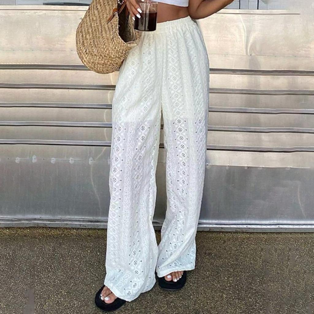 Women's Color Hollow Embroidered Casual Elastic Waist Pants