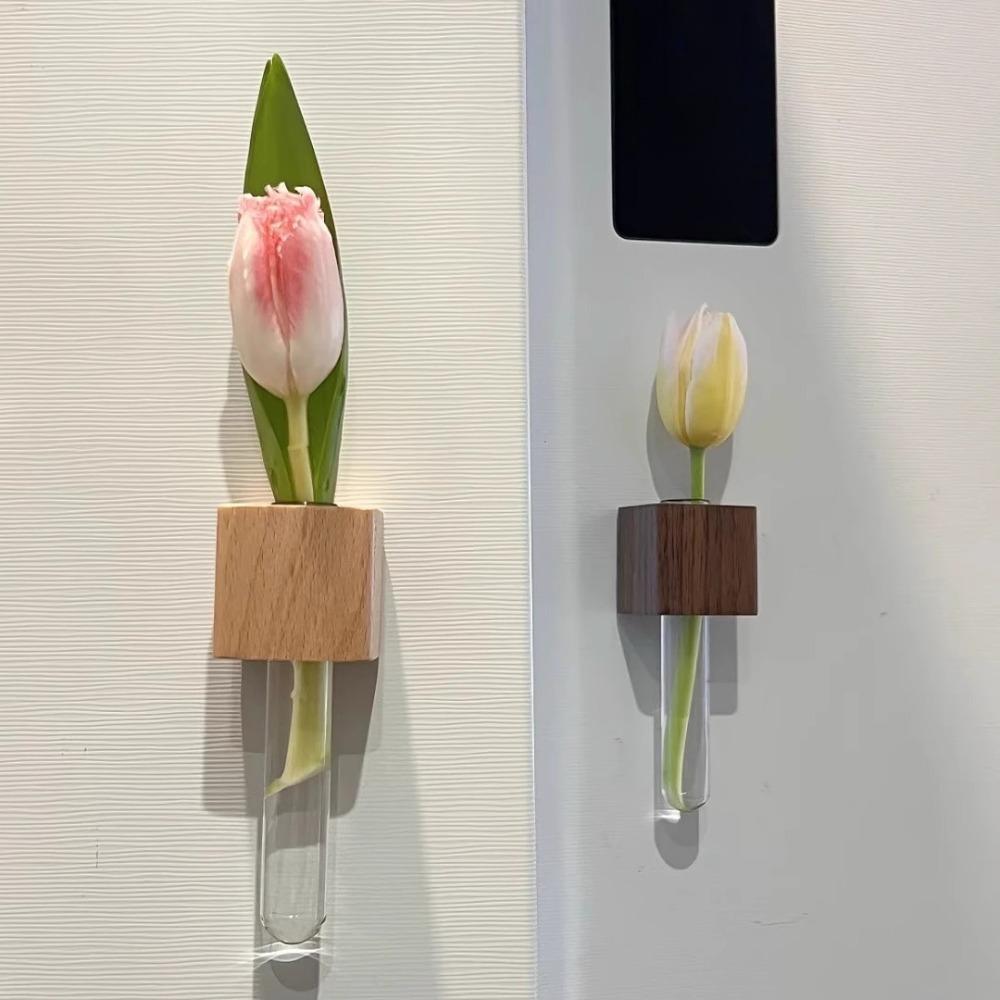 Wooden Test Tube Vase Refrigerator Magnet Hydroponic Plants Propagation Vase Planter Home Kitchen Locker Fridge Decoration