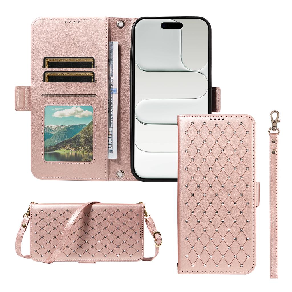 Crossbody Cards Solt Wallet Flip Leather Bling Phone Case for iPhone 17 Pro Max 16 Plus 15 14 13 12 11 Diamond Lanyard Bag Cover