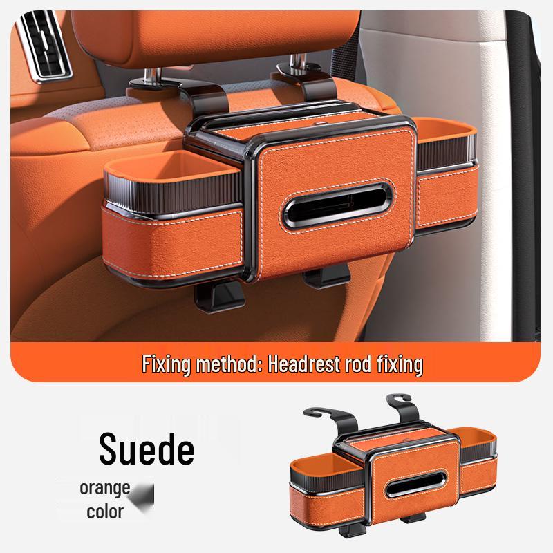 Car Rear Seat Makeup Mirror & Tissue Box Organizer with Cup Holder