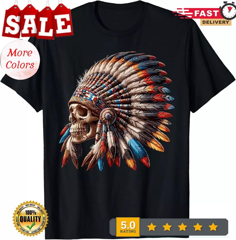 

Native American Indian Chief Skull Motorcycle Headdress T-Shirt, Unisex Tee XL