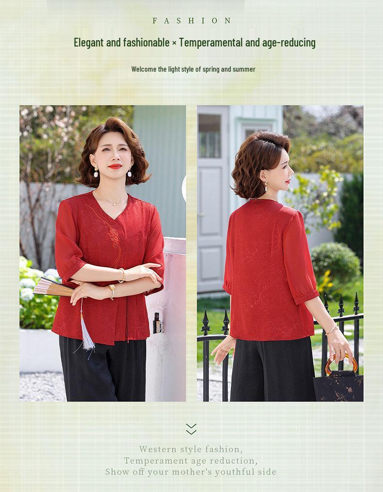 Elegant Chiffon Seven-Sleeve Top for Mom - Dignified & Stylish Summer Wear for Middle-Aged & Elderly Women